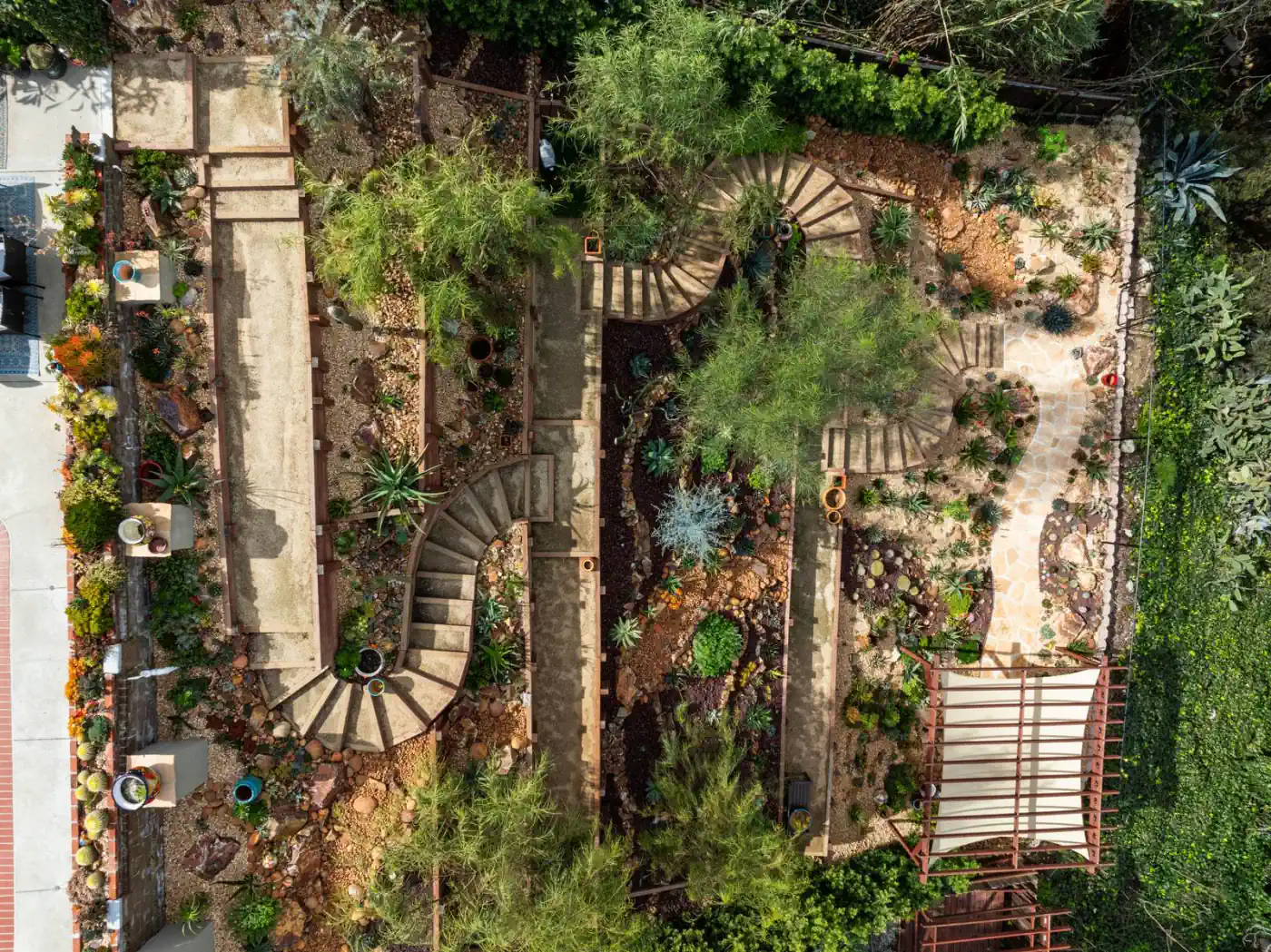 Overhead view of a completed hillside terrace and stair layout