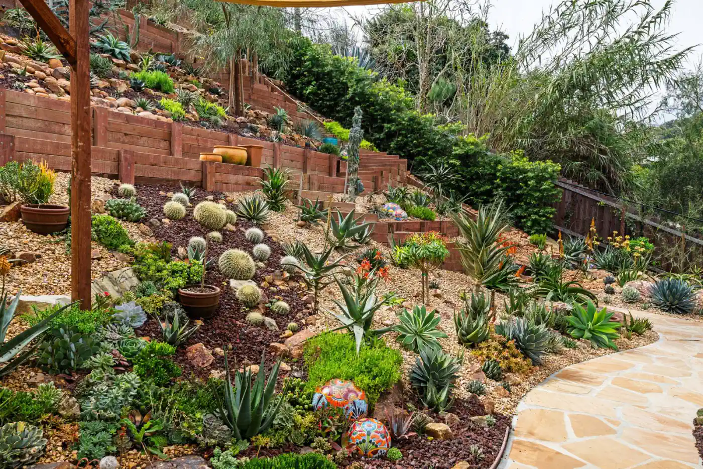 Flagstone path curving through a planted hillside slope