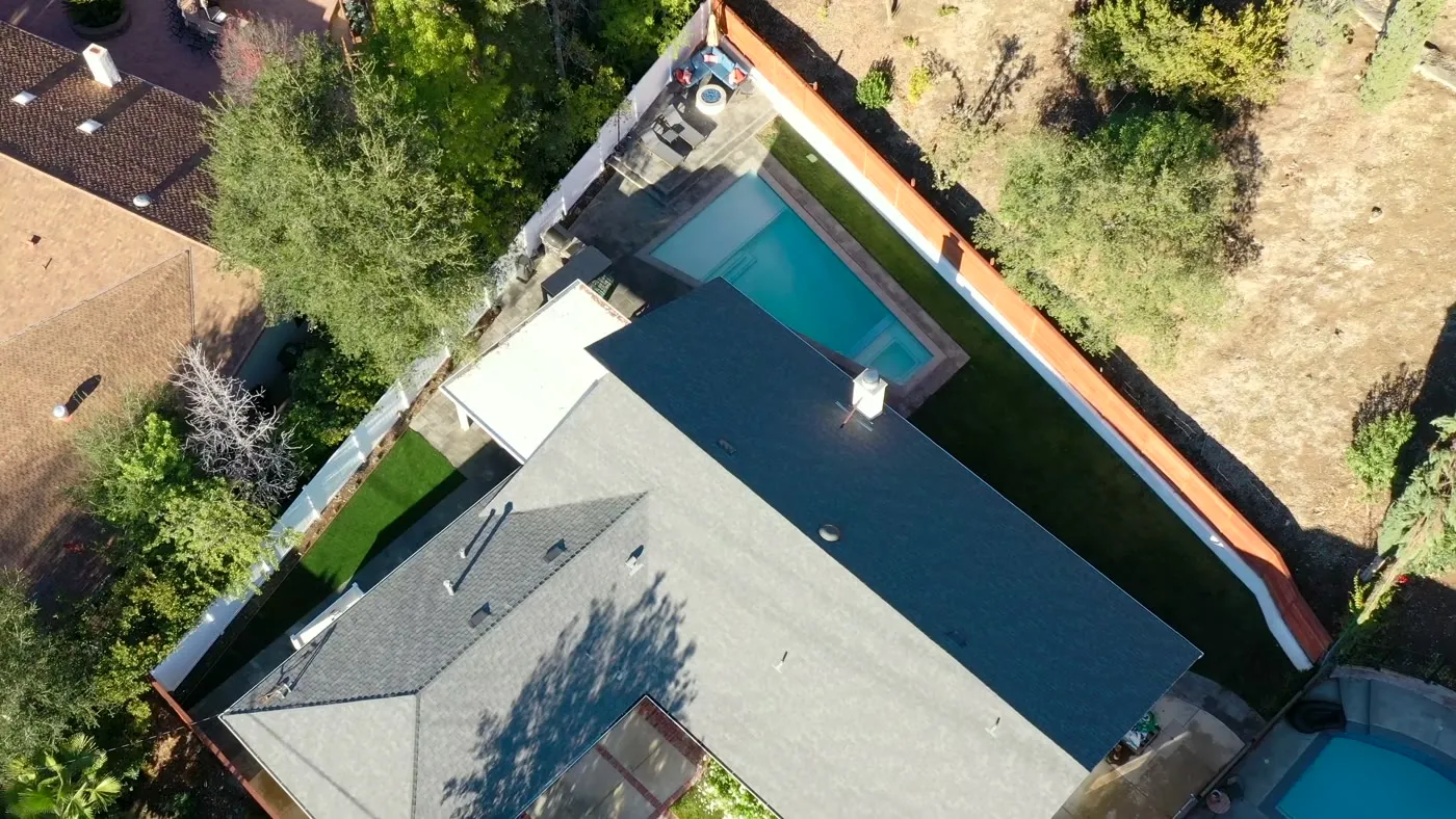 Aerial view of the completed Woodland Hills pool and yard