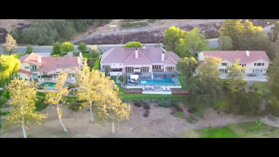 Paver terrace and linear pool at the Yarrow estate in Westlake Village
