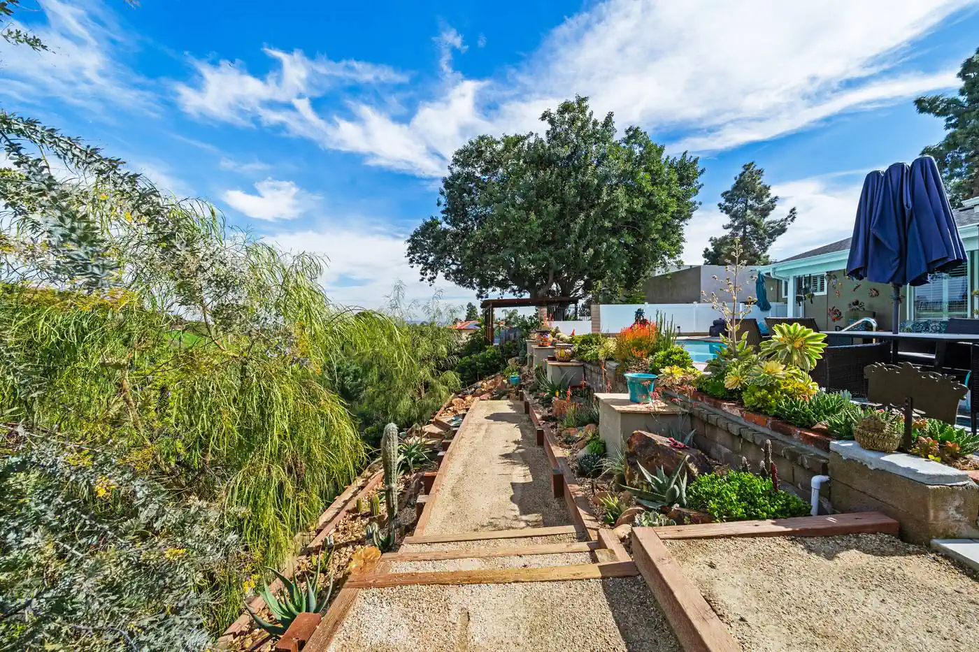 Garden path along a hillside terrace with an open view over the valley