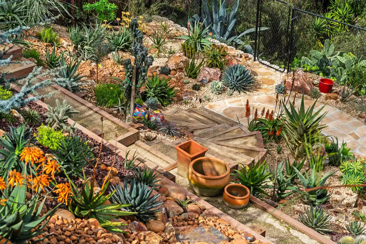 Terraced planting beds with container plants and gravel paths